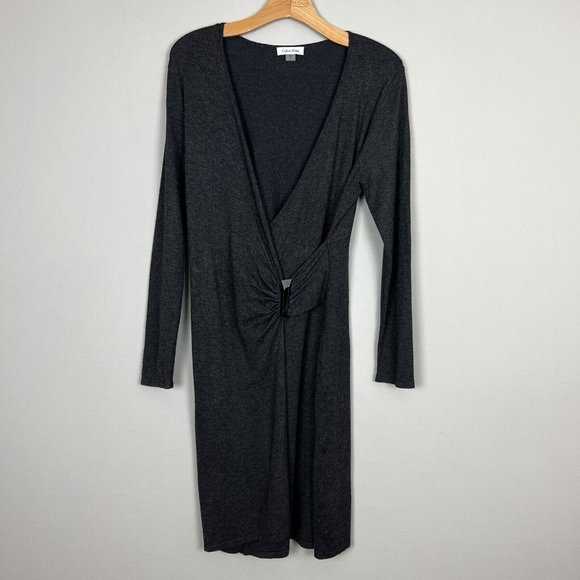Calvin Klein Dress Womens Medium Gray Sheath Faux Wrap V-Neck‎ Knit Long Sleeve - Picture 1 of 11